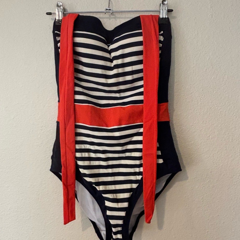 Santorini Halterneck Swimsuit
Red, Navy Stripe  size 4